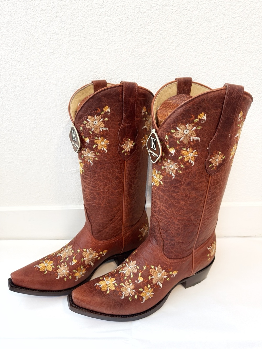 King Exotic Floral Embroidered Leather Cowboy Boots in Cognac Brown Size 11